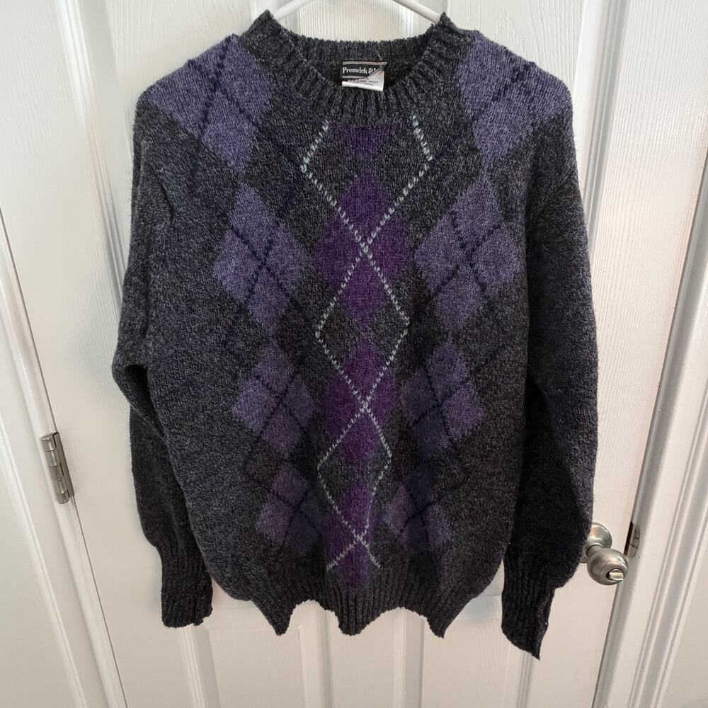 Preswick & Moore Sweater Mens Medium Gray Argyle Shetland Wool Ireland academia